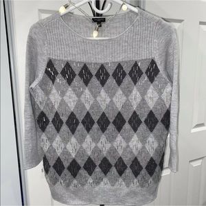 Talbots M Medium Wool Super Soft Wool Sweater Beads Rhombuses Gray Pullover Top